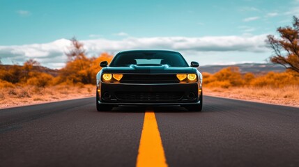 A sleek black car cruises down an asphalt road lined with colorful autumn trees and hills under a bright sky