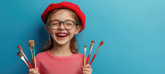 Wall Mural - A cheerful young girl holding paintbrushes and wearing an artist's beret, laughing against a blue background