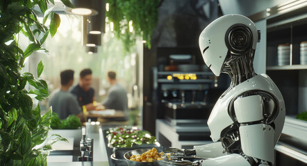 Sticker - an AI robot working in the kitchen, cooking and serving food to guests at a luxury hotel restaurant with modern architectural design