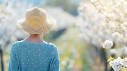 A woman wearing a straw hat strolls through a beautiful orchard filled with blooming trees in spring sunshine