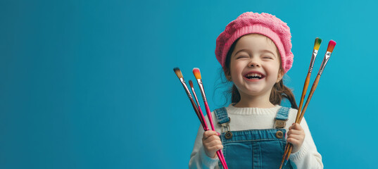 Wall Mural - A cheerful young girl holding paintbrushes and wearing an artist's beret, laughing against a blue background