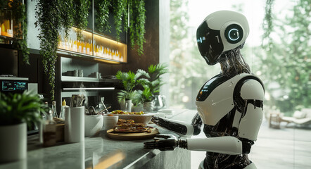 Sticker - an AI robot working in the kitchen, cooking and serving food to guests at a luxury hotel restaurant with modern architectural design