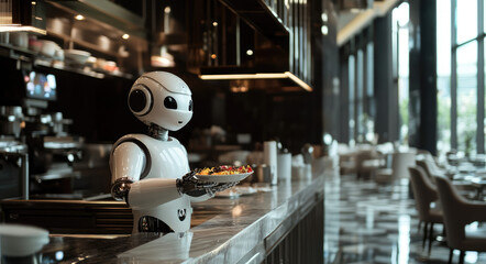 Sticker - an AI robot working in the kitchen, cooking and serving food to guests at a luxury hotel restaurant with modern architectural design