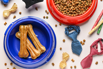 Composition with different dog food and accessories on light background, closeup