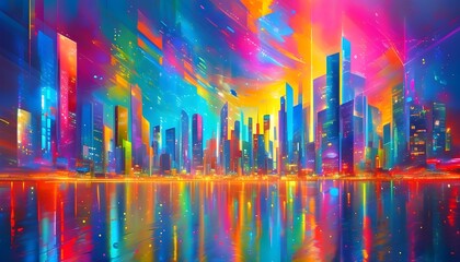 Energetic abstract cityscape illuminated by colorful lights and reflections, capturing the essence of a vibrant futuristic urban environment