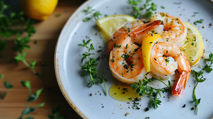 Grilled shrimp on a plate with lemon wedges, herbs, and a drizzle of olive oil.