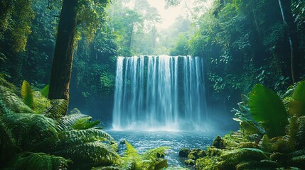 Majestic waterfall cascading into serene emerald pool surrounded by lush tropical rainforest, capturing the beauty of nature and serene wilderness.
