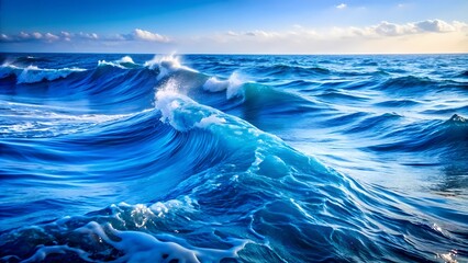 Wall Mural - Realistic ocean waves, vivid blue water, white foam, dramatic clouds, and sunlight breaking through, with hyper-realistic textures and lighting.