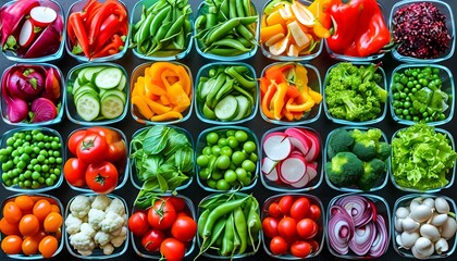 Wall Mural - Vibrant Medley of Fresh Vegetables and Healthy Ingredients in Neatly Arranged Glass Bowls