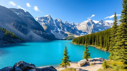 A breathtaking landscape featuring a serene lake surrounded by majestic mountains and lush green pine trees under a clear blue sky.