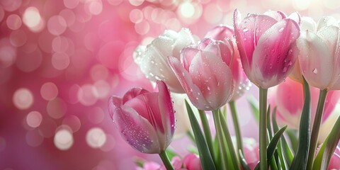 Canvas Print - Beautiful pink and white tulip bouquet with dew drops focused on selective areas shallow depth of field