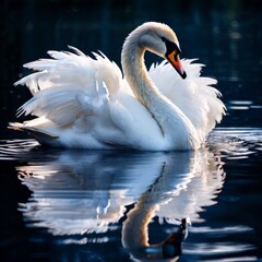 A graceful swan with pristine white feathers glides effortlessly on a calm body of water, reflecting its elegant form. The serene scene captures the beauty and tranquility of nature.