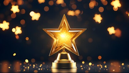 Glowing gold star trophy shines against a bokeh light backdrop in a vibrant celebratory atmosphere