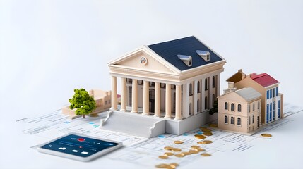 A miniature bank building with smartphone and coins, representing finance, investment, and modern banking concepts.