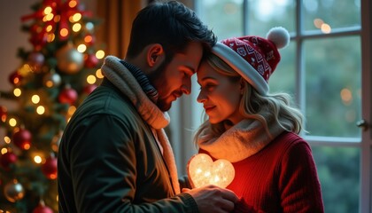 A romantic Christmas scene of a couple sharing a tender moment in front of a Christmas tree, surrounded by glowing lights and festive decorations.