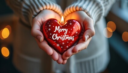 Wall Mural - A heartwarming Christmas scene featuring hands holding a glowing heart-shaped ornament with the words Merry Christmas, creating a loving atmosphere.