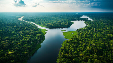 Wall Mural - A lush green jungle with a river running through it. The sky is cloudy and the sun is shining through the clouds