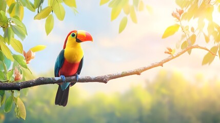 A vibrant toucan perched on a branch, surrounded by lush foliage and natural sunlight, showcasing its colorful plumage.