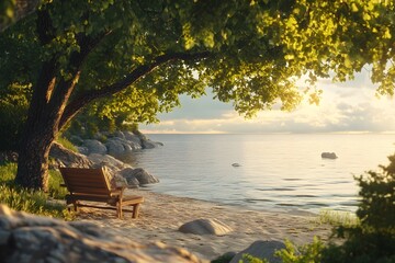 Poster - Serene Lake View with a Bench Under a Tree