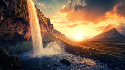 Poster - Waterfall at Sunset in Iceland