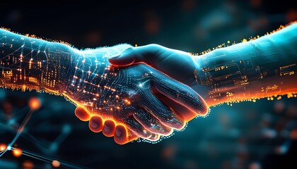 Futuristic handshake of glowing particles and digital connections symbolizing the integration of technology and human interaction in cyberspace