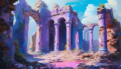 Wall Mural - Mystical Ruins of a Purple Temple in a Tranquil Fairy Landscape with Dusty Pastel Hues and Enchanting Fantasy Art Elements