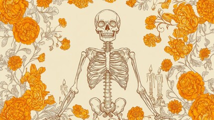 Wall Mural - Vibrant Day of the Dead Skeleton Frame with Marigold Flowers and Candles