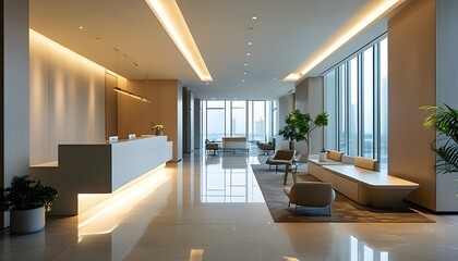 Stylish modern reception area featuring minimalistic design, bright lighting, and contemporary furniture for corporate environments