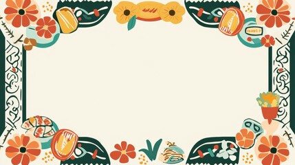 Wall Mural - Festive Mexican Cuisine Border with Marigold Flowers, Papel Picado, and Traditional Patterns on Cream Background