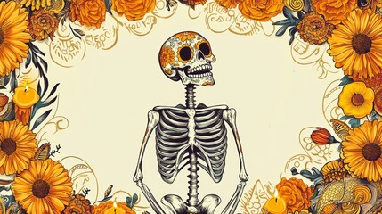 Canvas Print - Elegant Dia de los Muertos Skeleton in Marigold Frame