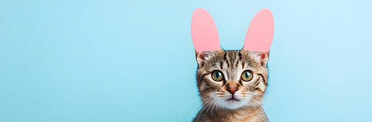 Cute cat with bunny ears on light blue background with space for text. Easter celebration   