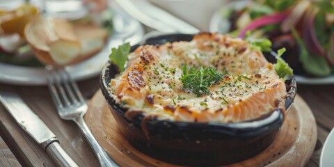 Wall Mural - Delectable Salmon Parmentier with Salad on Wooden Table