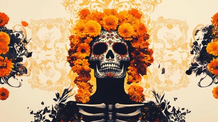 Wall Mural - Festive Sugar Skull Skeleton Framed with Marigold Flowers and Mexican Motifs on Beige Background