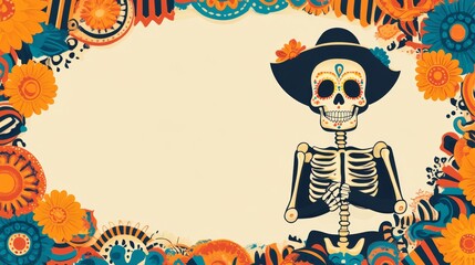 Festive Dia de los Muertos Skeleton Celebration with Marigold Flowers and Mexican Motifs in Colorful Frame on Neutral Background for Custom Message Space