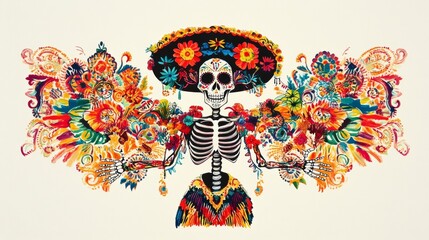 Poster - Festive Dia de los Muertos Skeleton with Colorful Decorations on Neutral Background for Custom Message or Text