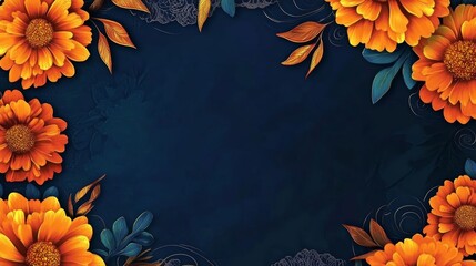 Wall Mural - Marigold Ornate Frame for Dia de los Muertos Celebrations on Deep Blue Background