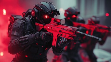 Futuristic Soldier in Combat Gear with a Red Rifle