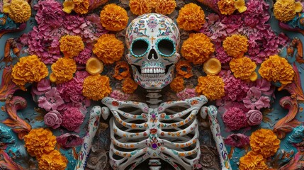 Poster - Day of the Dead Skeleton: Vibrant Mexican Decorations against Neutral Background