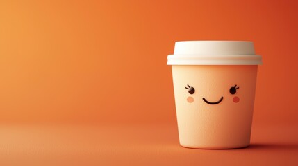 Cute Smiling Takeaway Coffee Cup Icon on Vibrant Orange Background