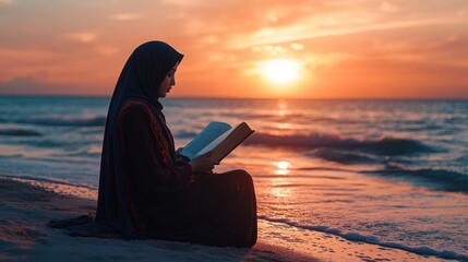 Poster - Woman Reading by the Sea at Sunset