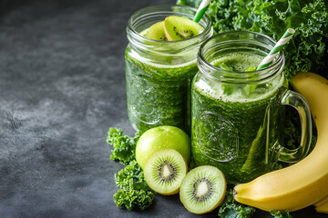 Glass jar mugs with green health smoothie, kale leaves, lime, apple, kiwi, grapes, banana, avocado, lettuce. Copy space. Raw, vegan, vegetarian, alkaline food concept   