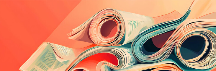 Long horizontal banner with rolled and folded newspapers and magazines in retro style. Concept for news and information - could be used for web design or advertisement   