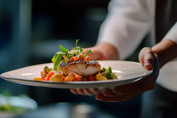 Modern food stylist decorating meal for presentation in restaurant. Closeup of food stylish. Restaurant serving. Close-up on the hand of a waiter carrying food   