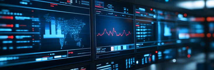 Monitor show information of network traffic and status of devices in data center room   