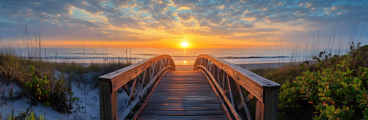 Panorama view of footbridge to the beach at sunrise   