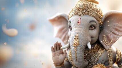 Canvas Print - A small elephant with gold decorations on its face is waving