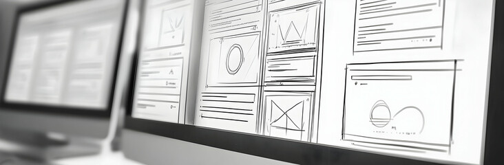 Responsive web design website wireframe sketch layout on computer screen   