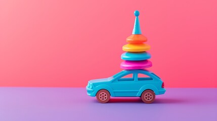 Wall Mural - Plastic pyramid toy with whirligig peg-top and car isolated on purple and pink background