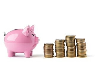 Wall Mural - Pink Piggy Bank with Stacks of Coins Isolated on White