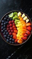 Wall Mural - Mixed fruit bowl on dark marble background, healthy eating concept